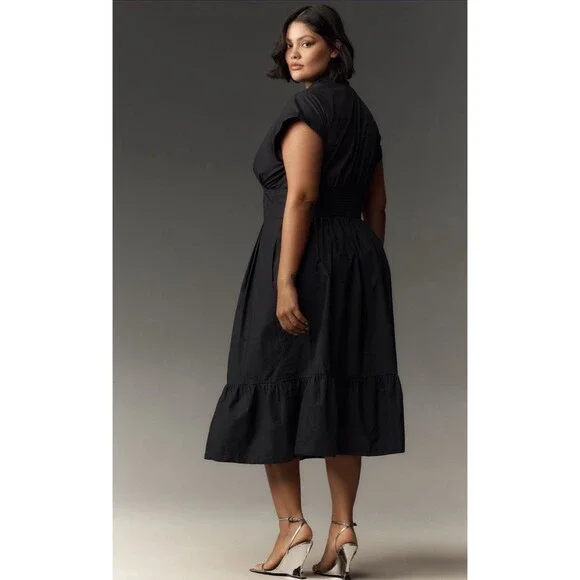 Anthropologie Midi Shirt Dress Black Pleated Cotton Preppy Retro Boho Medium NWT - Picture 5 of 14